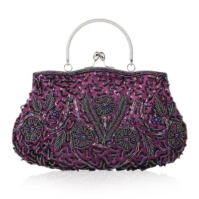 Retro Flower Pattern Handmade Beaded Evening Bags Clutch with Chain