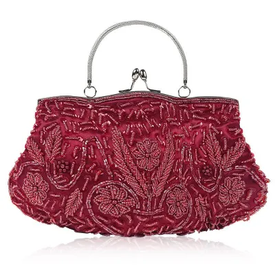Retro Flower Pattern Handmade Beaded Evening Bags Clutch with Chain