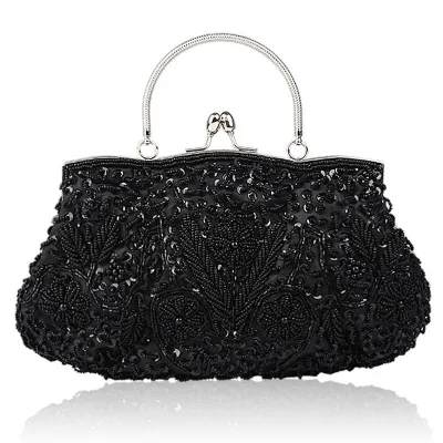 Retro Flower Pattern Handmade Beaded Evening Bags Clutch with Chain