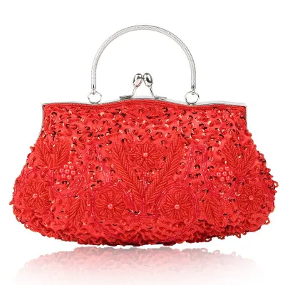 Retro Flower Pattern Handmade Beaded Evening Bags Clutch with Chain