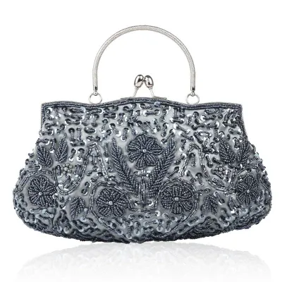 Retro Flower Pattern Handmade Beaded Evening Bags Clutch with Chain