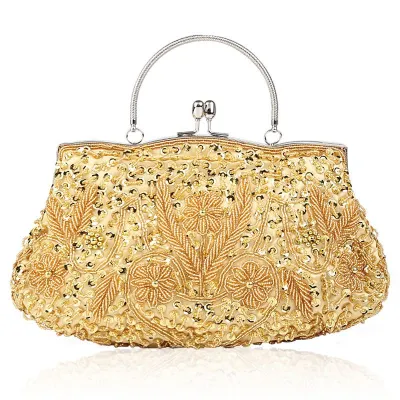Retro Flower Pattern Handmade Beaded Evening Bags Clutch with Chain