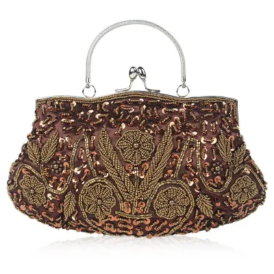 Retro Flower Pattern Handmade Beaded Evening Bags Clutch with Chain