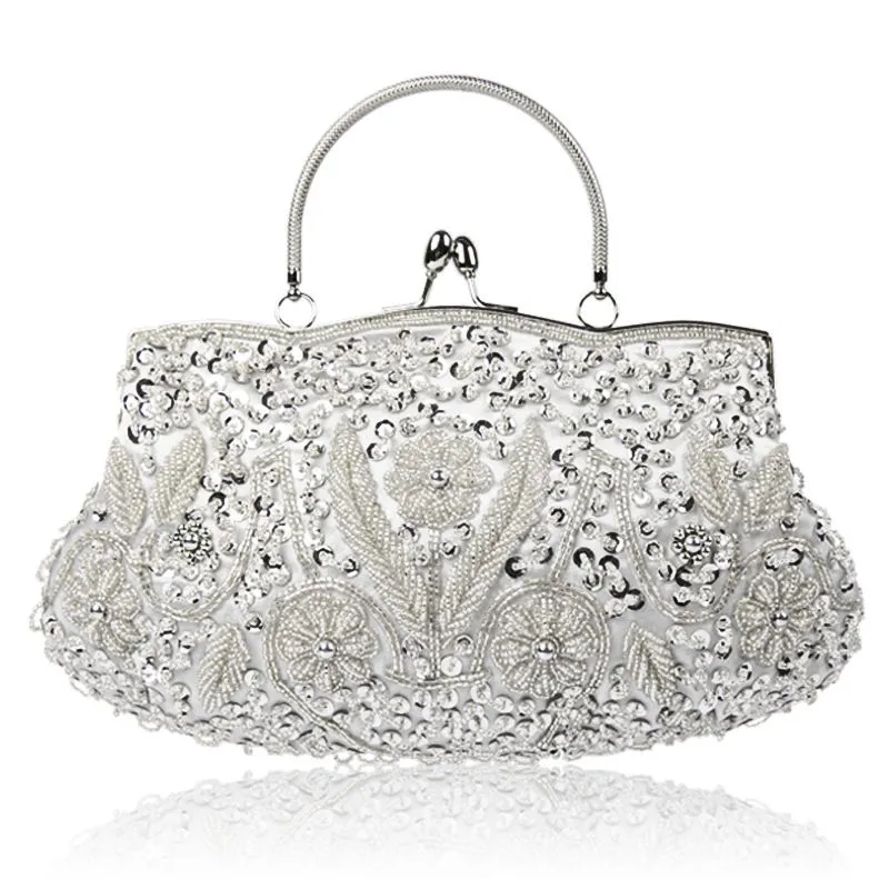 Retro Flower Pattern Handmade Beaded Evening Bags Clutch with Chain