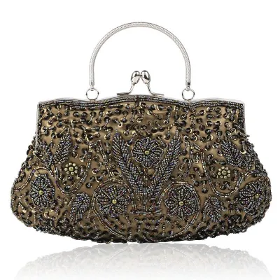 Retro Flower Pattern Handmade Beaded Evening Bags Clutch with Chain