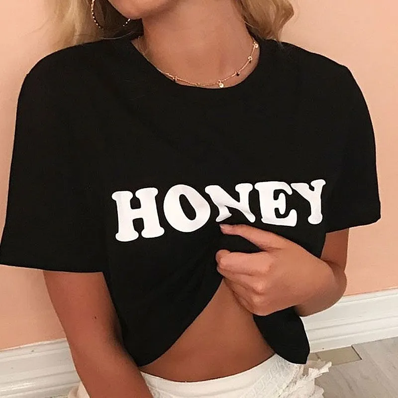 S-2XL Honey Letter Print Short Sleeve T-Shirts