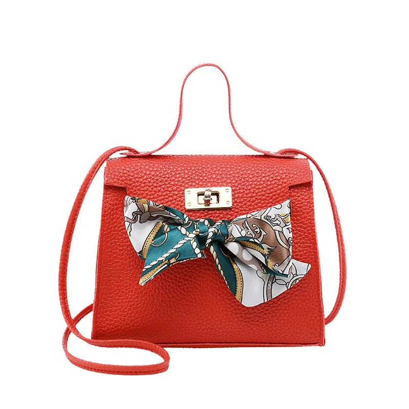 Litchi Pattern Ribbon Bow Decor Crossbody Bag with Lock Closure