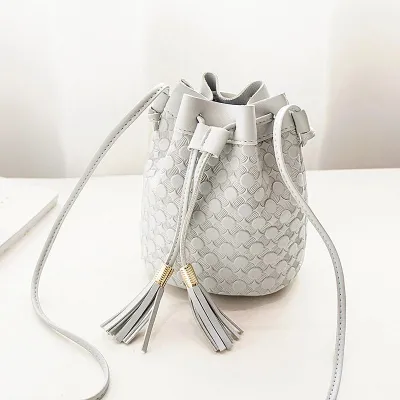 Sweet Lady Tassels Decor Embossed Crossbody Bucket Bag PU Leather