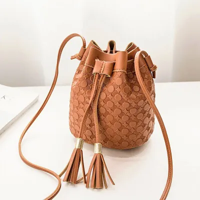 Sweet Lady Tassels Decor Embossed Crossbody Bucket Bag PU Leather