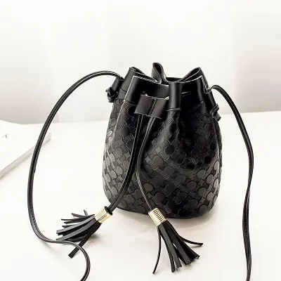 Sweet Lady Tassels Decor Embossed Crossbody Bucket Bag PU Leather