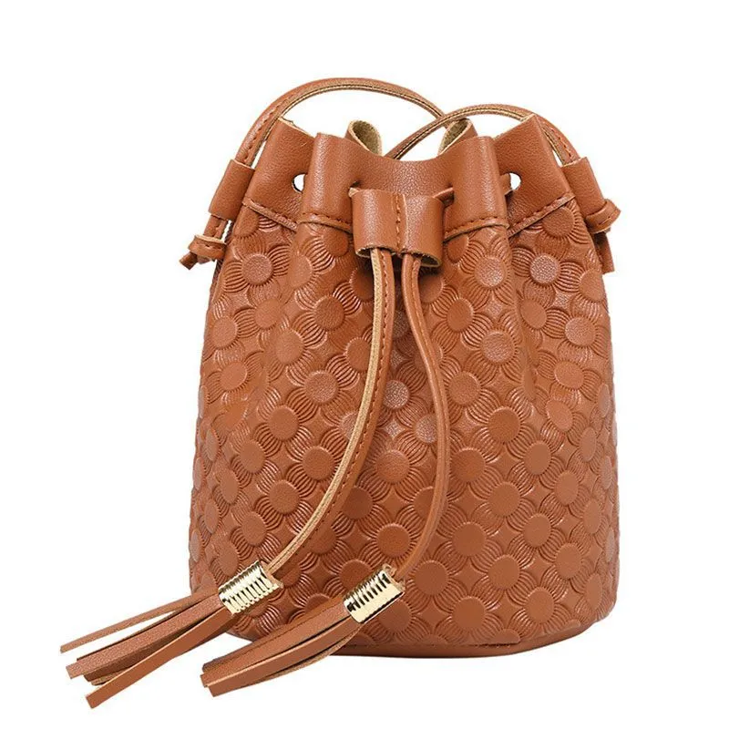 Sweet Lady Tassels Decor Embossed Crossbody Bucket Bag PU Leather