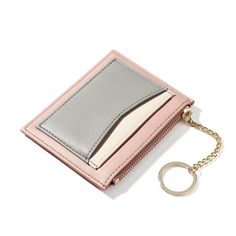Simple Contrast Color Keychain Zipper Wallets PU Leather Solid