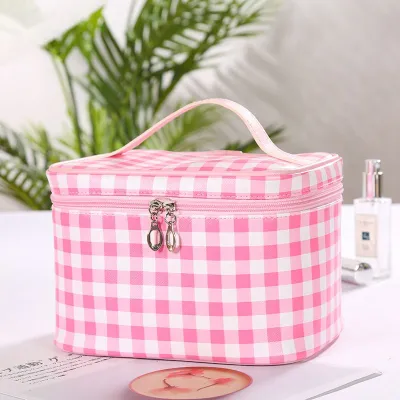 Retro Plaid Print Zipper PU Cosmetic Bag Bucket Type Soft Medium Capacity
