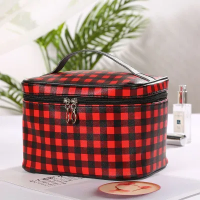 Retro Plaid Print Zipper PU Cosmetic Bag Bucket Type Soft Medium Capacity