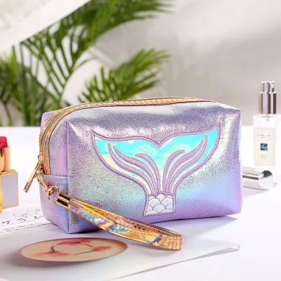 Laser Cartoon Mermaid Tail Print Zipper Cosmetic PU Bag