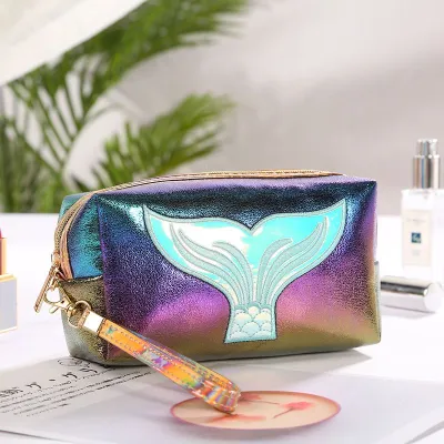 Laser Cartoon Mermaid Tail Print Zipper Cosmetic PU Bag