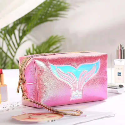 Laser Cartoon Mermaid Tail Print Zipper Cosmetic PU Bag