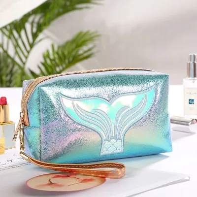 Laser Cartoon Mermaid Tail Print Zipper Cosmetic PU Bag