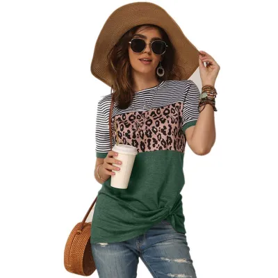 S-2XL Creative Stripe Leopard Patchwork Round Collar Short Sleeve T-Shirts