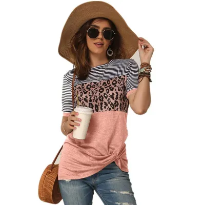 S-2XL Creative Stripe Leopard Patchwork Round Collar Short Sleeve T-Shirts