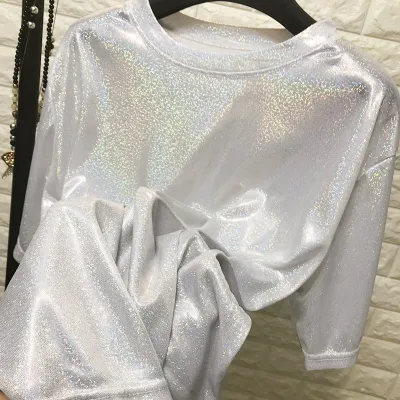 Fashion Shimmering Loose Short Sleeve T-shirt Women Polyester Blend Urban Leisure