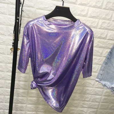 Fashion Shimmering Loose Short Sleeve T-shirt Women Polyester Blend Urban Leisure