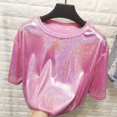 Fashion Shimmering Loose Short Sleeve T-shirt Women Polyester Blend Urban Leisure