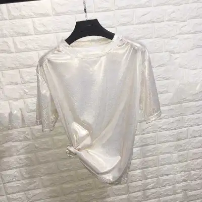 Fashion Shimmering Loose Short Sleeve T-shirt Women Polyester Blend Urban Leisure