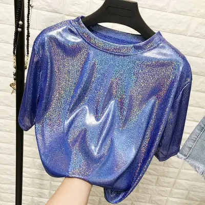 Fashion Shimmering Loose Short Sleeve T-shirt Women Polyester Blend Urban Leisure