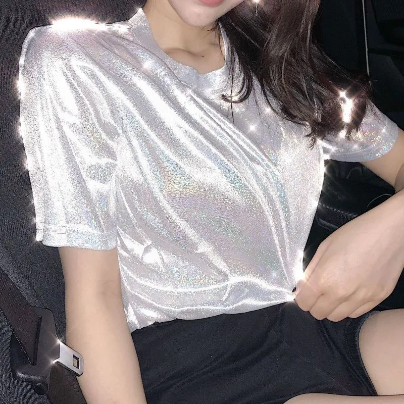 Fashion Shimmering Loose Short Sleeve T-shirt Women Polyester Blend Urban Leisure