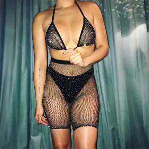 Women Sexy Mesh See-through Rhinestone Decorated Two Piece Shorts Set Without Pantie