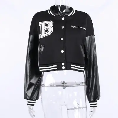 S-L Women Color Block Patchwork Letter Embroidery Single-breasted Crop Baseball Jacket