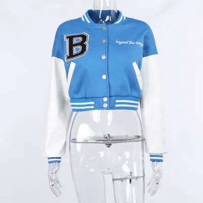 S-L Women Color Block Patchwork Letter Embroidery Single-breasted Crop Baseball Jacket