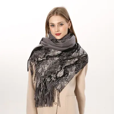 Women Winter Vintage Tassels Leopard Printed Imitation Cashmere Warm Long Shawl Scarf Wrap 70x200cm