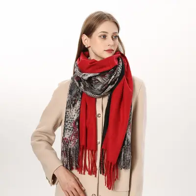 Women Winter Vintage Tassels Leopard Printed Imitation Cashmere Warm Long Shawl Scarf Wrap 70x200cm