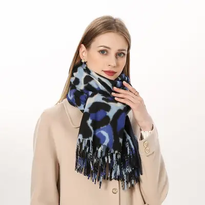 Women Winter Vintage Tassels Leopard Printed Imitation Cashmere Warm Long Shawl Scarf Wrap 70x200cm