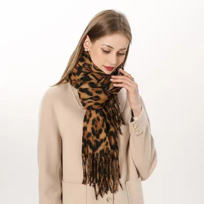 Women Winter Vintage Tassels Leopard Printed Imitation Cashmere Warm Long Shawl Scarf Wrap 70x200cm