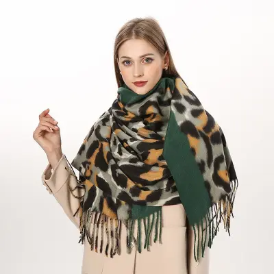 Women Winter Vintage Tassels Leopard Printed Imitation Cashmere Warm Long Shawl Scarf Wrap 70x200cm