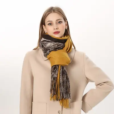 Women Winter Vintage Tassels Leopard Printed Imitation Cashmere Warm Long Shawl Scarf Wrap 70x200cm