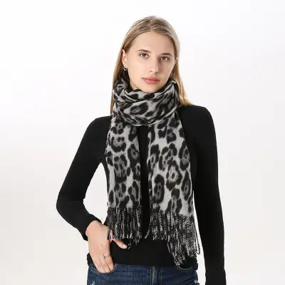 Women Winter Vintage Tassels Leopard Printed Imitation Cashmere Warm Long Shawl Scarf Wrap 70x200cm