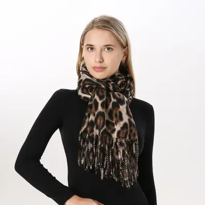 Women Winter Vintage Tassels Leopard Printed Imitation Cashmere Warm Long Shawl Scarf Wrap 70x200cm
