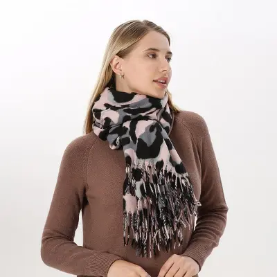 Women Winter Vintage Tassels Leopard Printed Imitation Cashmere Warm Long Shawl Scarf Wrap 70x200cm