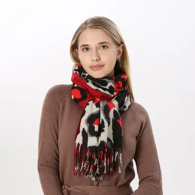 Women Winter Vintage Tassels Leopard Printed Imitation Cashmere Warm Long Shawl Scarf Wrap 70x200cm