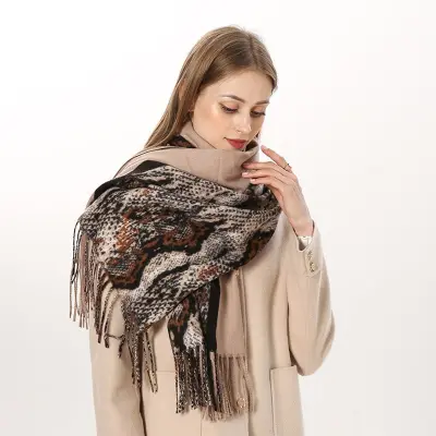 Women Winter Vintage Tassels Leopard Printed Imitation Cashmere Warm Long Shawl Scarf Wrap 70x200cm