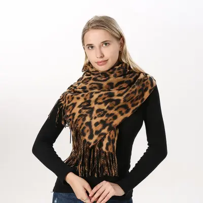 Women Winter Vintage Tassels Leopard Printed Imitation Cashmere Warm Long Shawl Scarf Wrap 70x200cm