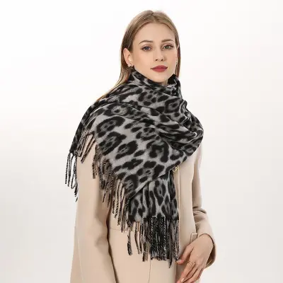 Women Winter Vintage Tassels Leopard Printed Imitation Cashmere Warm Long Shawl Scarf Wrap 70x200cm