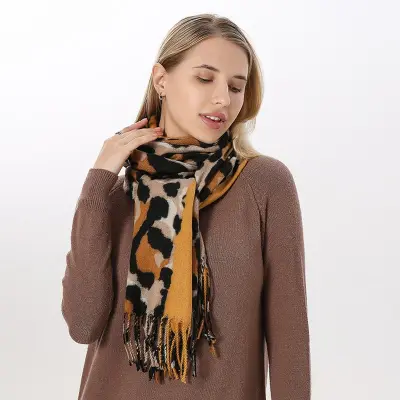 Women Winter Vintage Tassels Leopard Printed Imitation Cashmere Warm Long Shawl Scarf Wrap 70x200cm