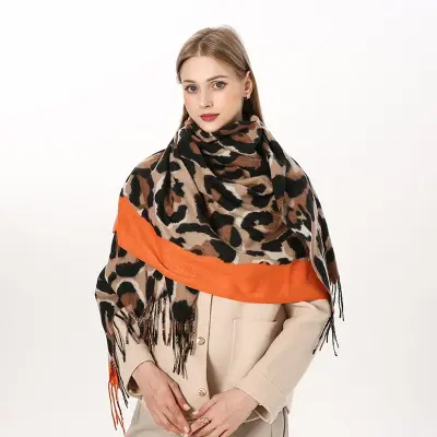 Women Winter Vintage Tassels Leopard Printed Imitation Cashmere Warm Long Shawl Scarf Wrap 70x200cm