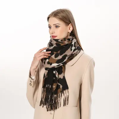 Women Winter Vintage Tassels Leopard Printed Imitation Cashmere Warm Long Shawl Scarf Wrap 70x200cm