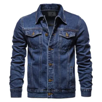 M-5XL Men Fashion Solid Color Long Sleeve Denim Jacket with Lapel Collar